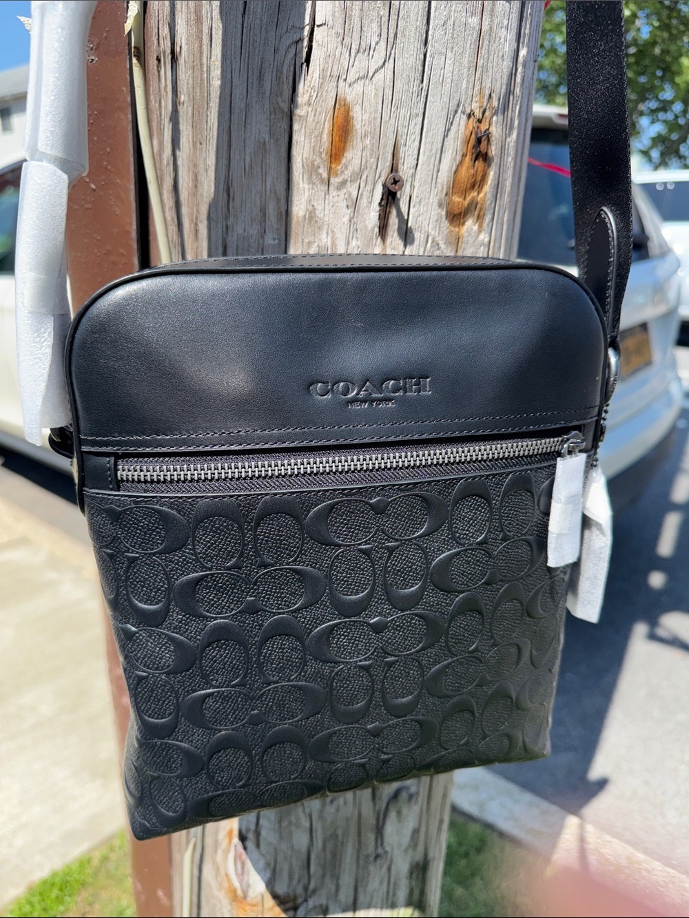 Coach Black Leather Embossed Signature Messenger/Flight Bag (Unisex) Brand New!